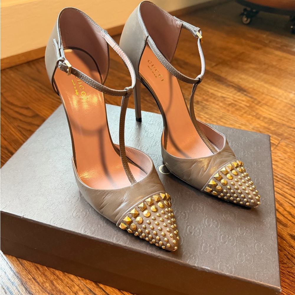 Gucci Taupe Leather T-Strap Pointed Toe Studded Heels with Gold Studs